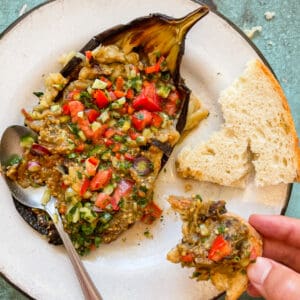 Roasted Eggplant Salad with Tomatoes and Peppers Primal Gourmet Whole30 Recipe